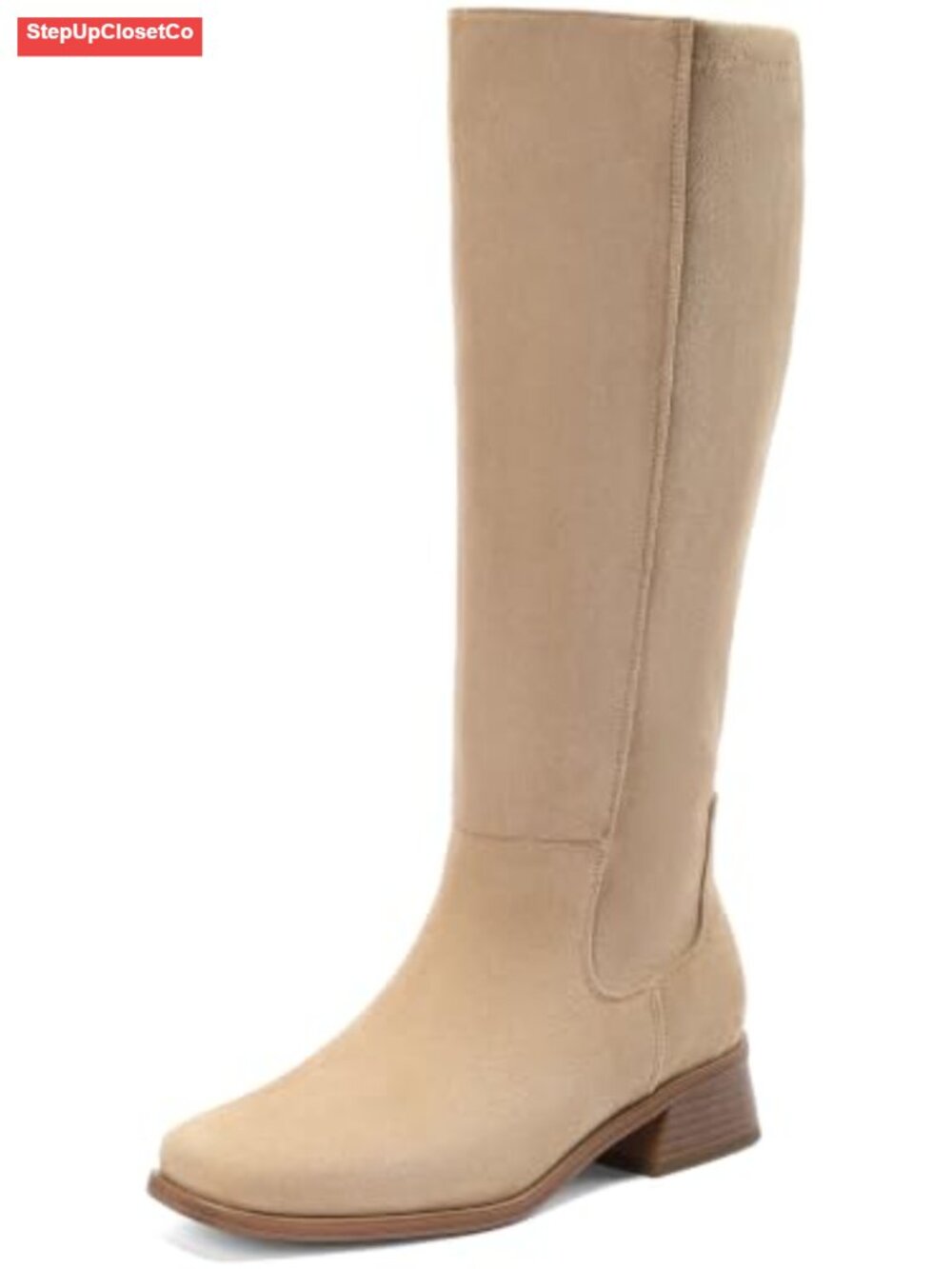Women's Wide Calf Knee High Boots Square Toe Low Block Heel Faux Suede